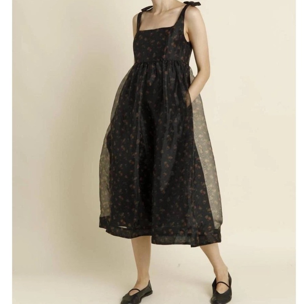 Aureum Floral Organza‎ Midi Dress Black Rose Tie Shoulder Smocked Back XS NEW